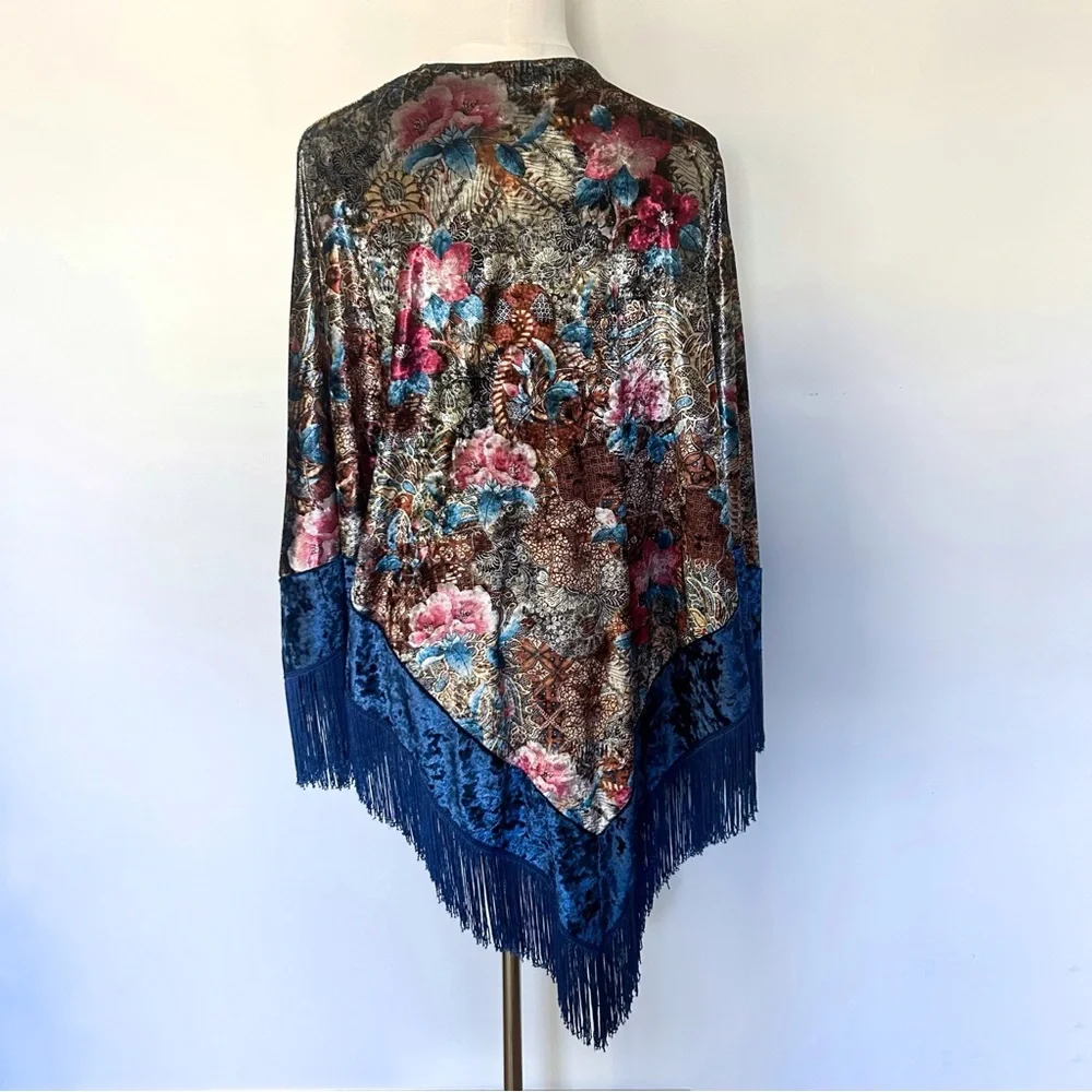 Umgee Floral Burnout Velvet Cape Poncho Kimono Wrap Cobalt Blue Fringe Large